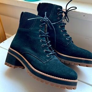 Madewell black suede lace up high heel boots booties brown winter Women’s size 6